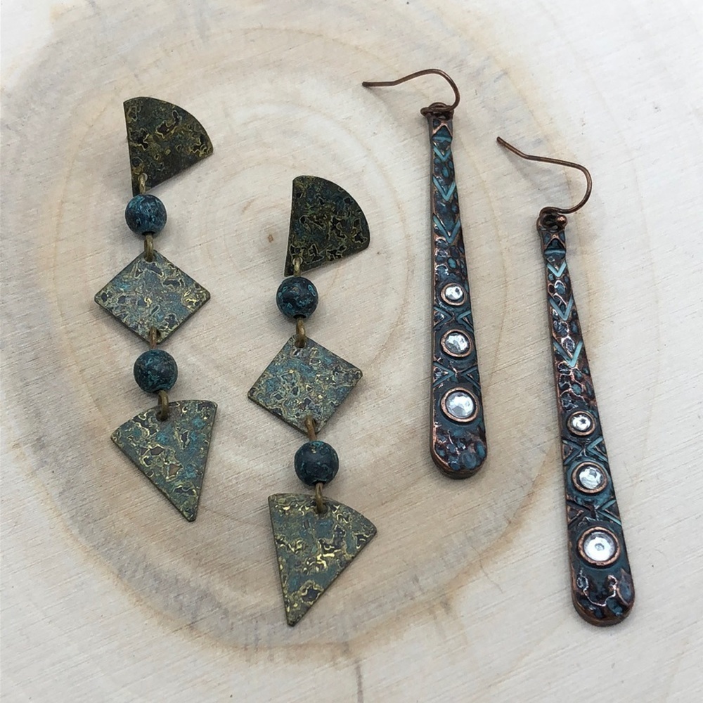Bundle lot 2 oxidized metal look statement earrings, long, dangle drop, rustic.